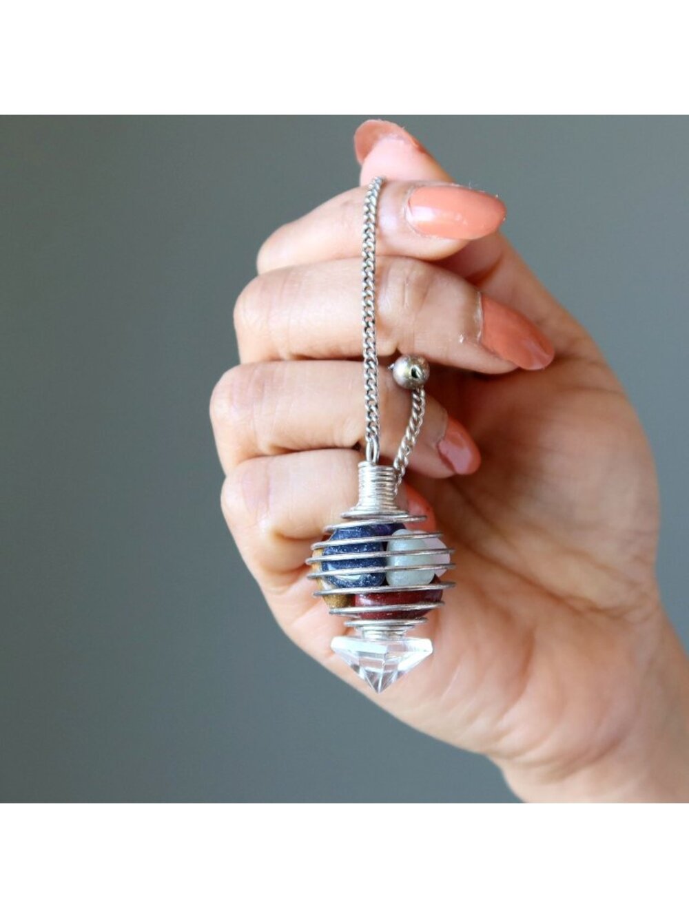 Chakra Pendulum Tumbled Stones Quartz Pyramid Cage Wicca Dowsing Divination Tool